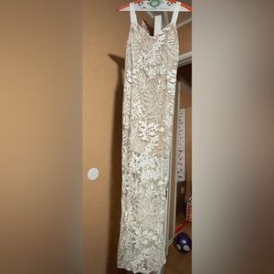 Marciano Beige and White Lace Embroidered Midi Dress